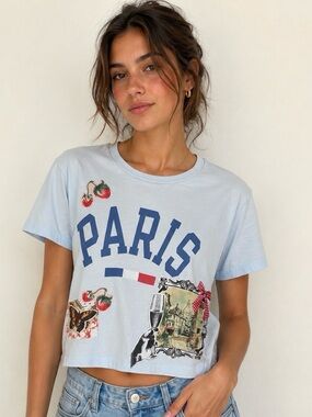 Upcycled Paris Graphic Short Sleeve Tee - Light Blue